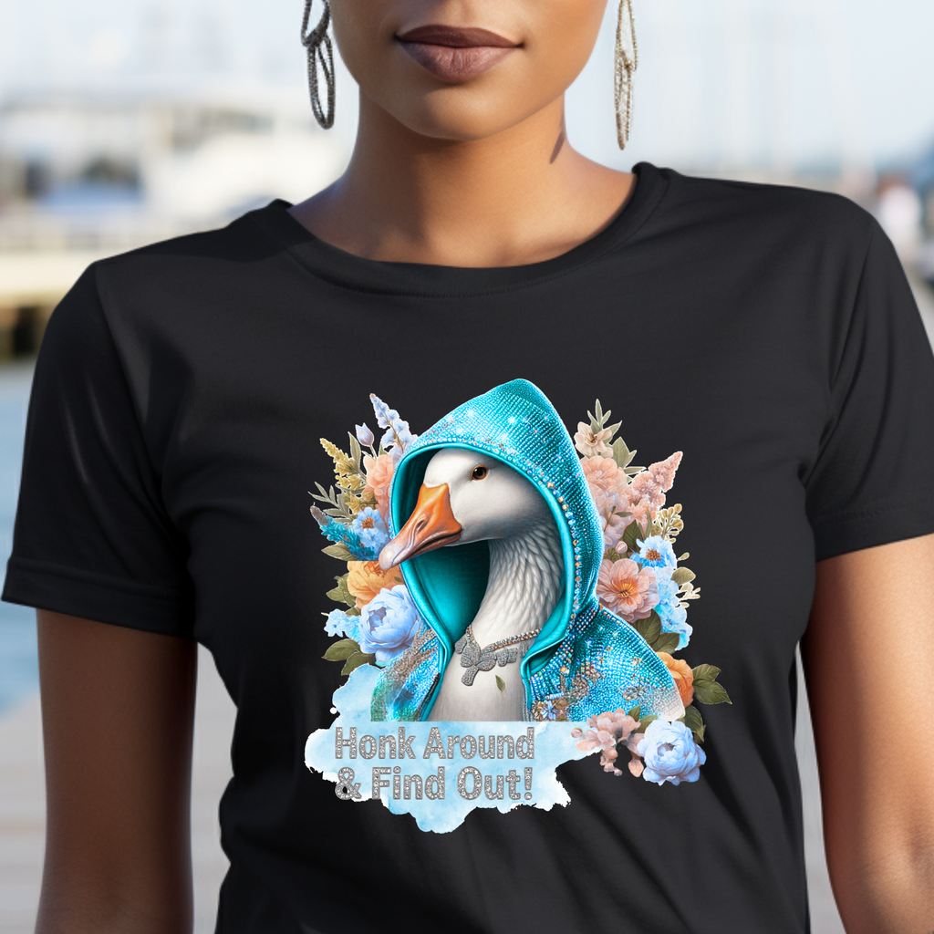 Person wearing a black t-shirt with a goose in a blue hood graphic and text 'Honk Around & Find Out!'.