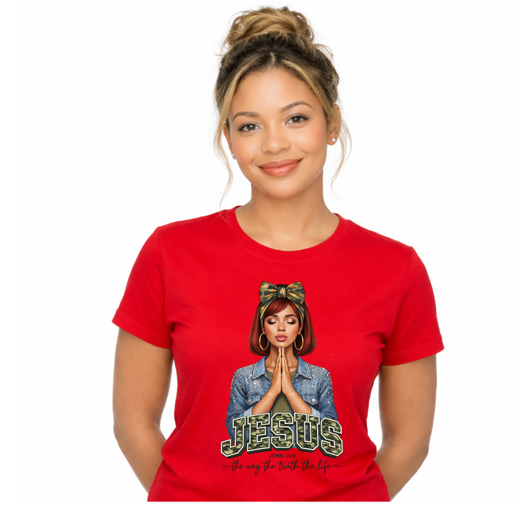person wearing red Jesus shirt 