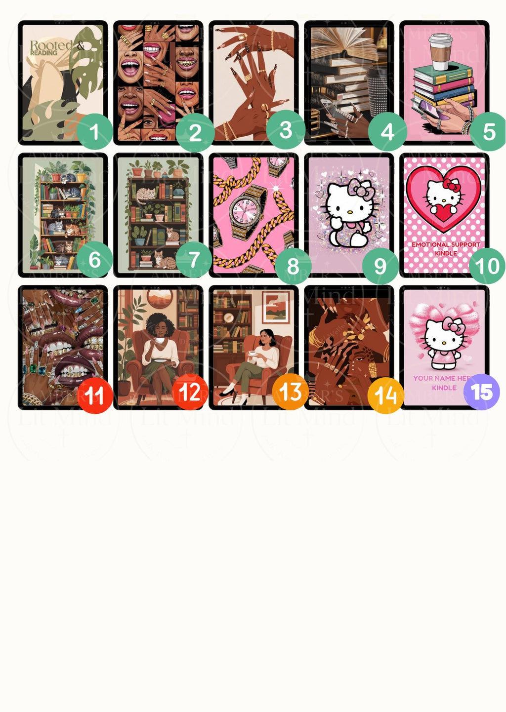 Grid of 15 different kindle insets with various designs, including books, a hand, a heart, and cartoon Kitty.