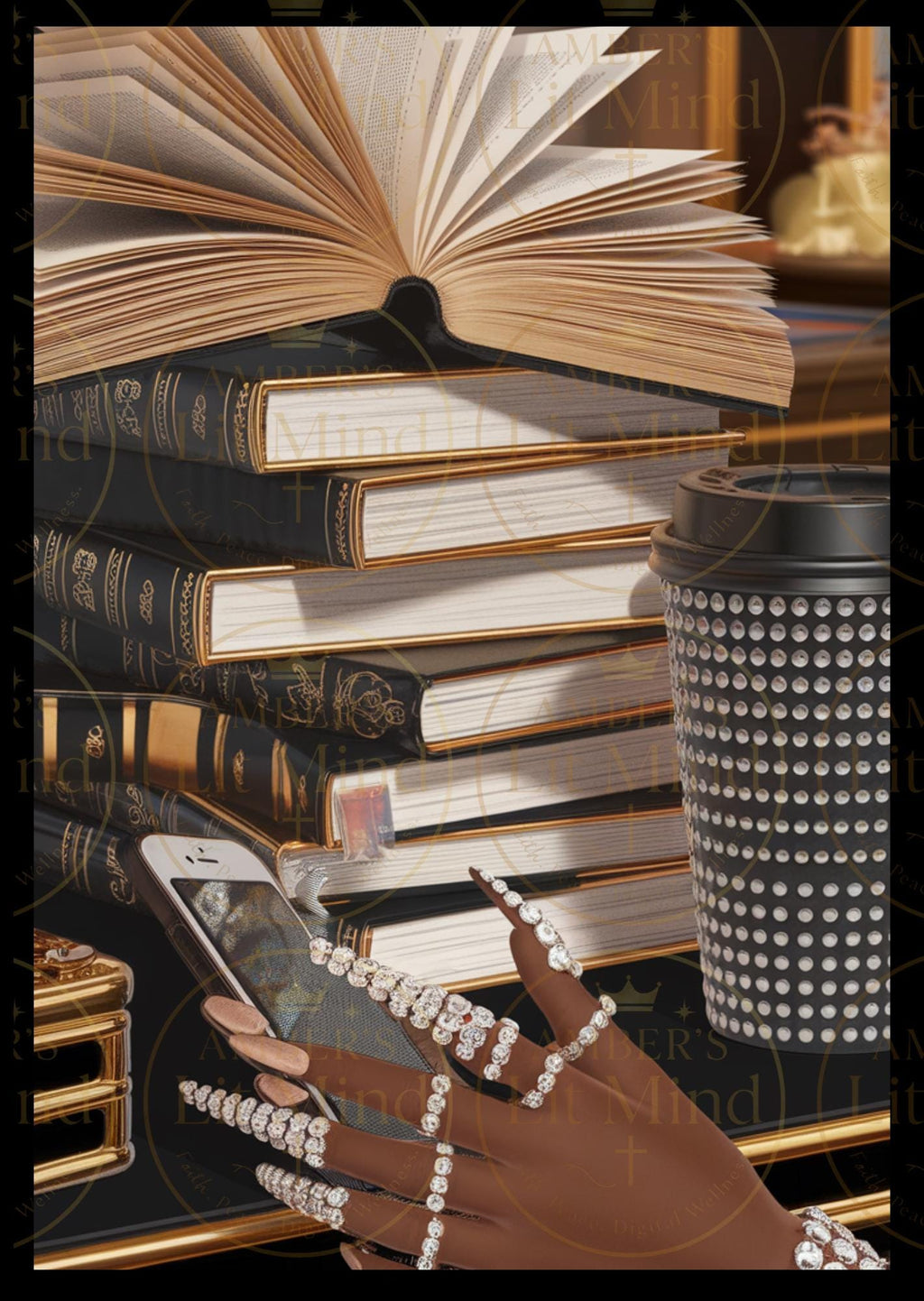Stack of books with a hand holding a phone and a studded cup in the background