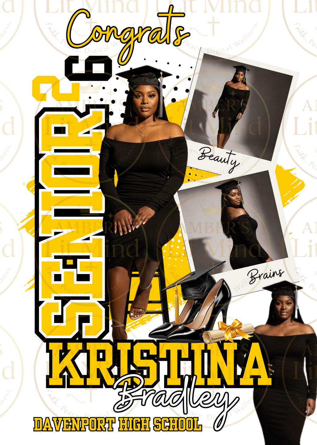 Graduation-themed collage with text and images of a person in graduation attire.