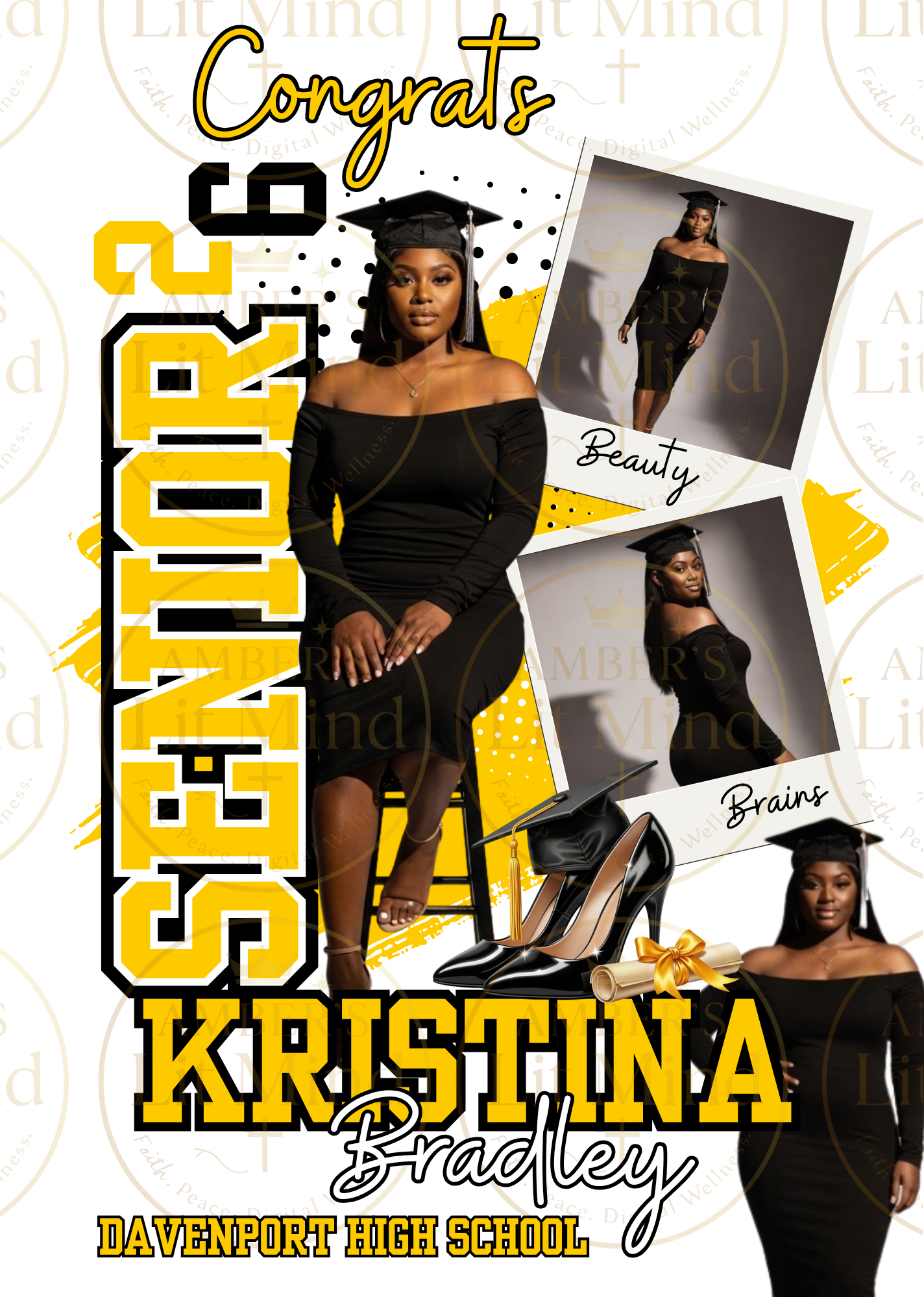 Graduation-themed collage with text and images of a person in graduation attire.