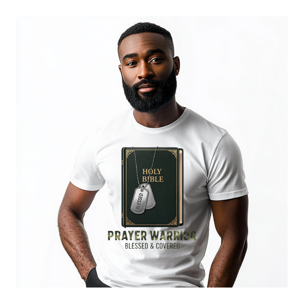 Black man wearing prayer warrior shirt 