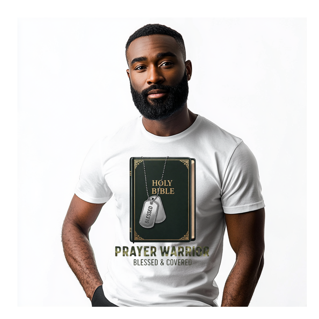 Black man wearing prayer warrior shirt 