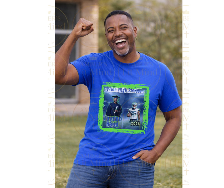 Man wearing a blue t-shirt with a graduation design, outdoors.