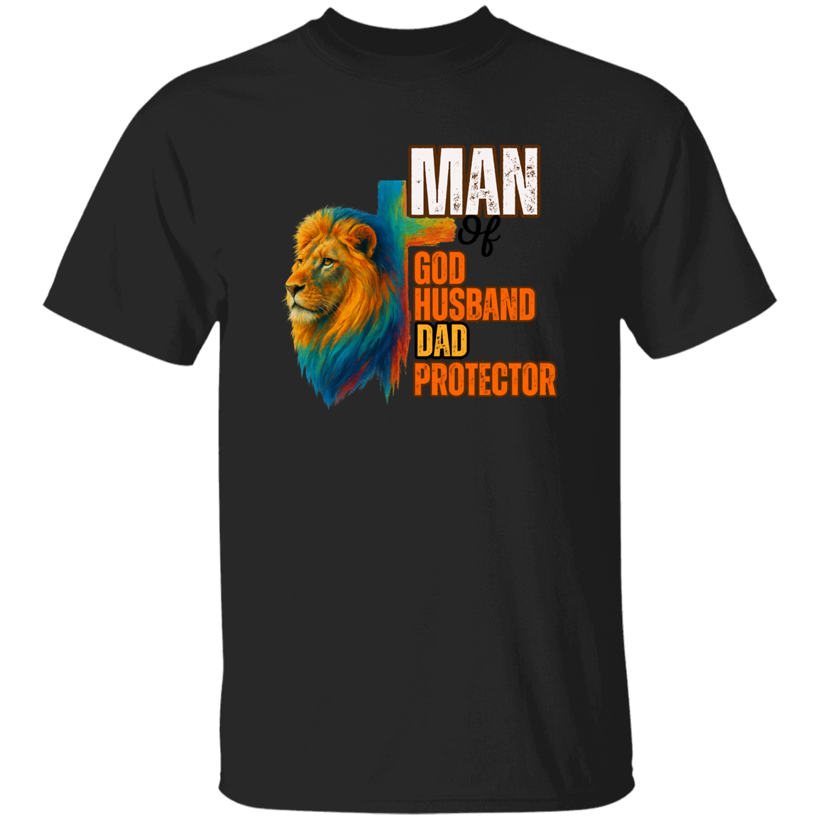 Black t-shirt with a colorful lion graphic and text on a white background