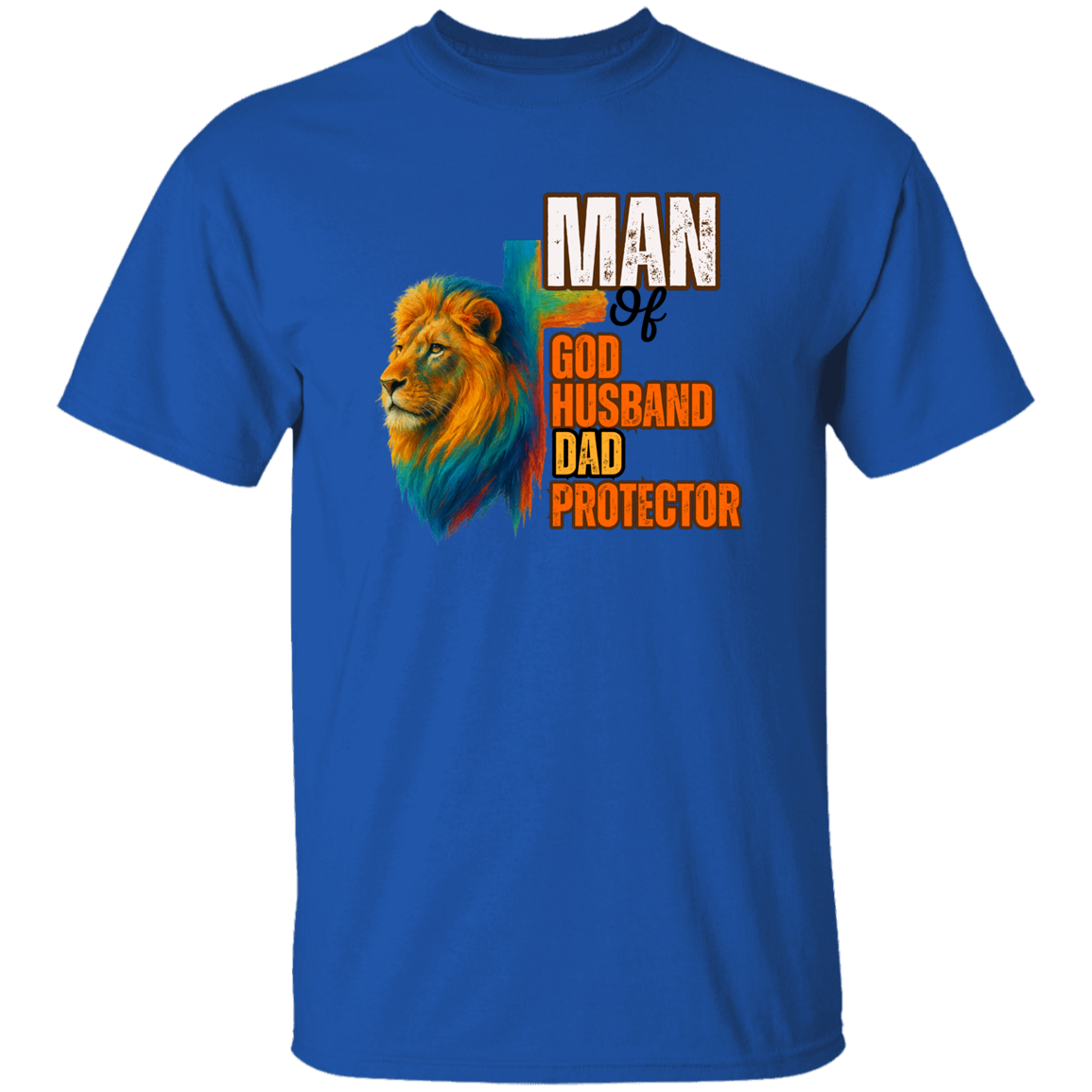 Blue t-shirt with a lion graphic and text on a white background