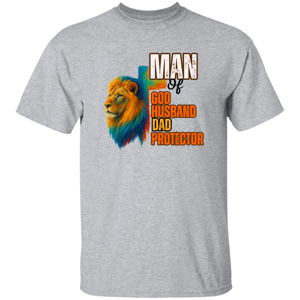 Gray t-shirt with a colorful lion graphic and text on a white background