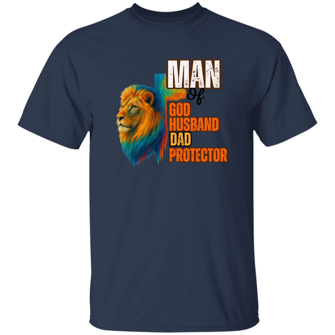Navy blue t-shirt with a lion graphic and text on a white background