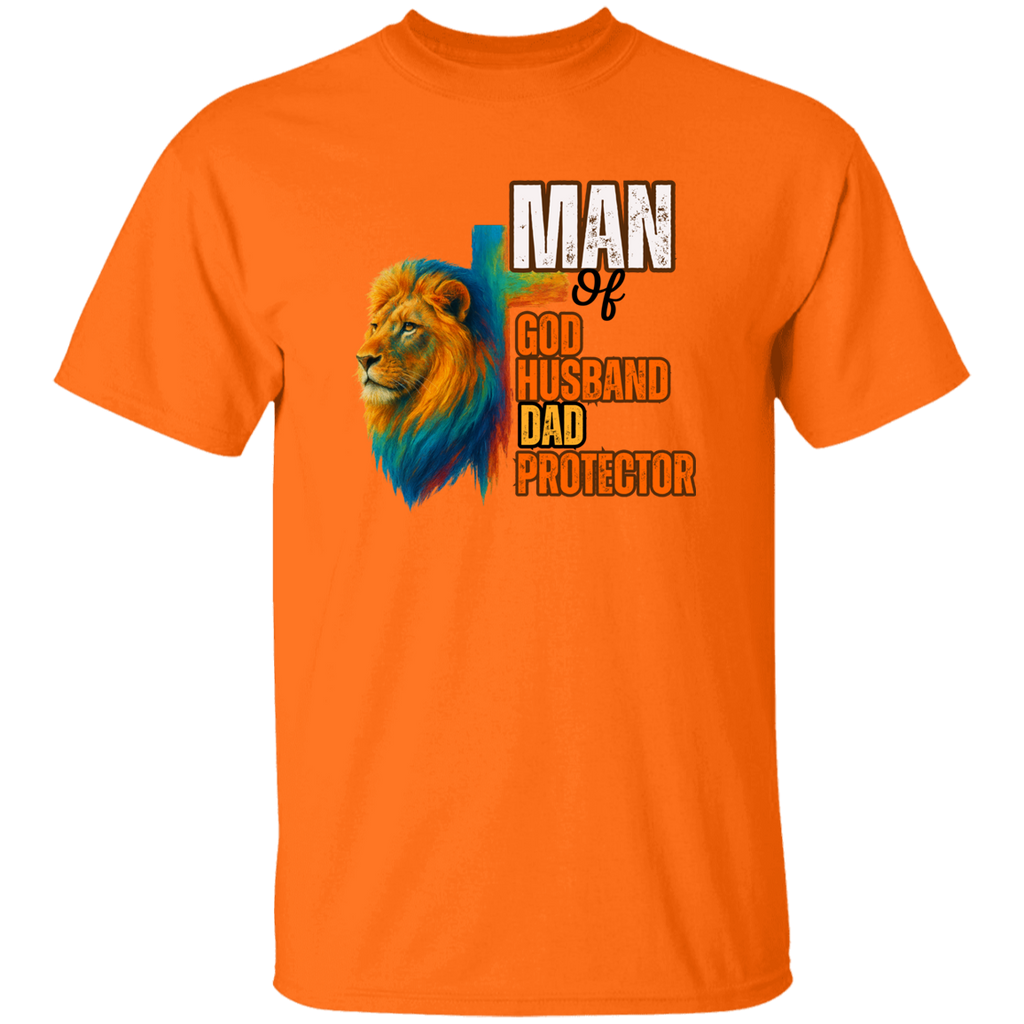 Orange t-shirt with a lion graphic and text on a white background