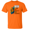 Orange t-shirt with a lion graphic and text on a white background