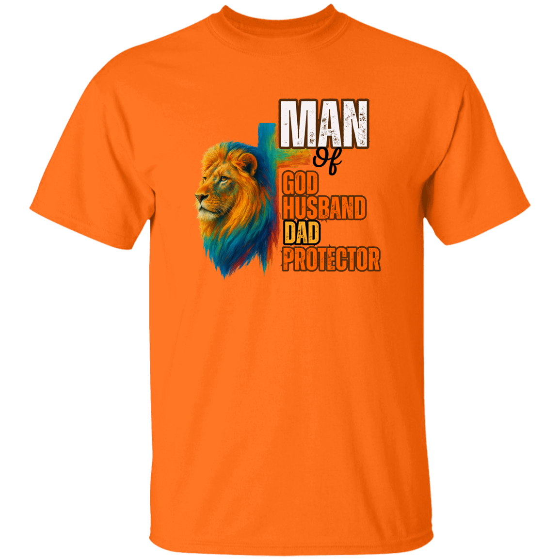 Orange t-shirt with a lion graphic and text on a white background