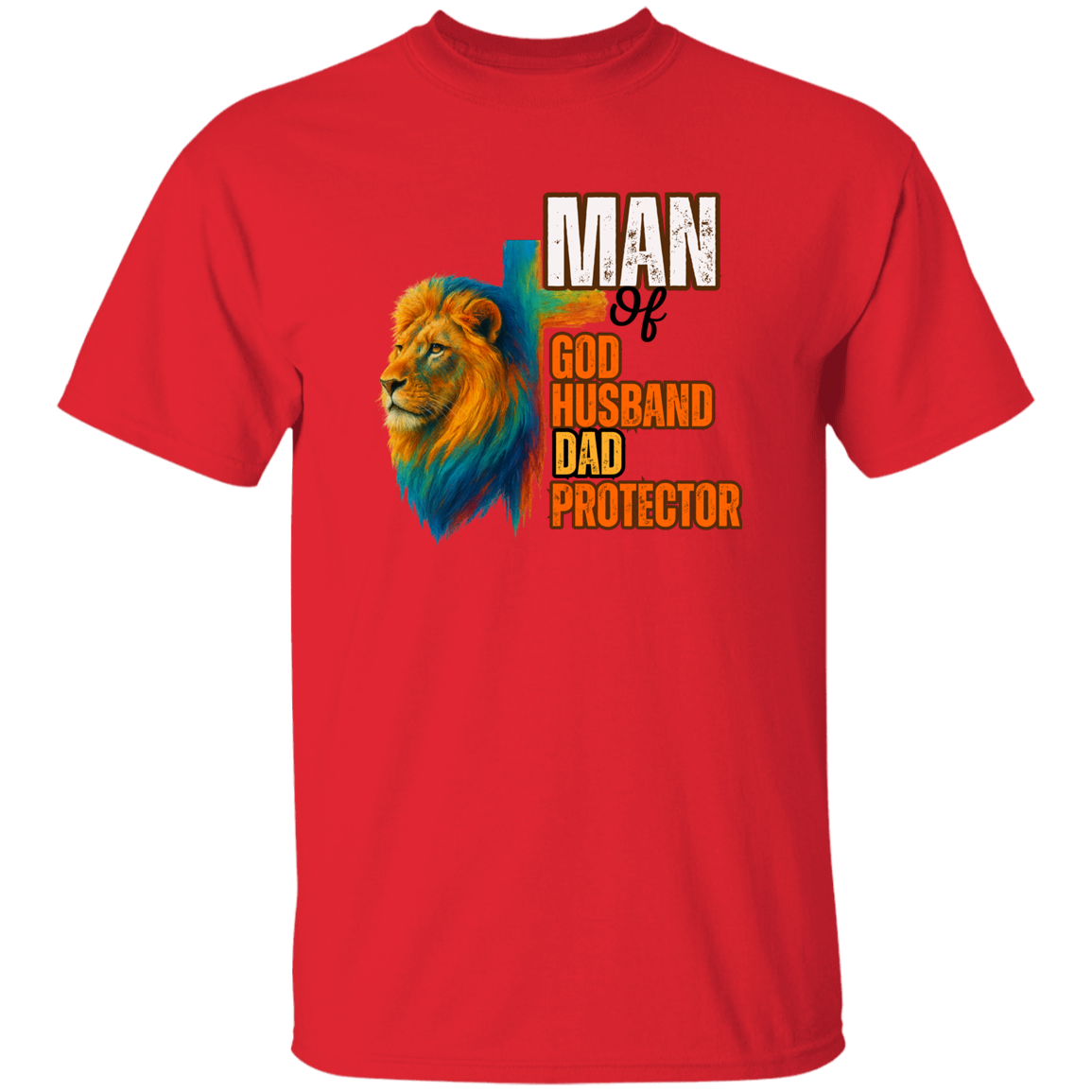 Red t-shirt with a lion graphic and text on a white background