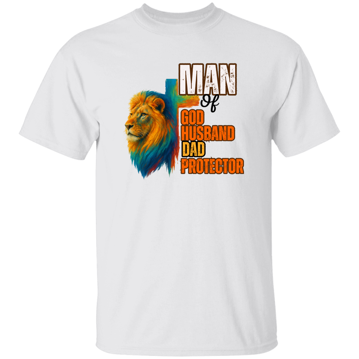 White t-shirt with a colorful lion graphic and text on a white background