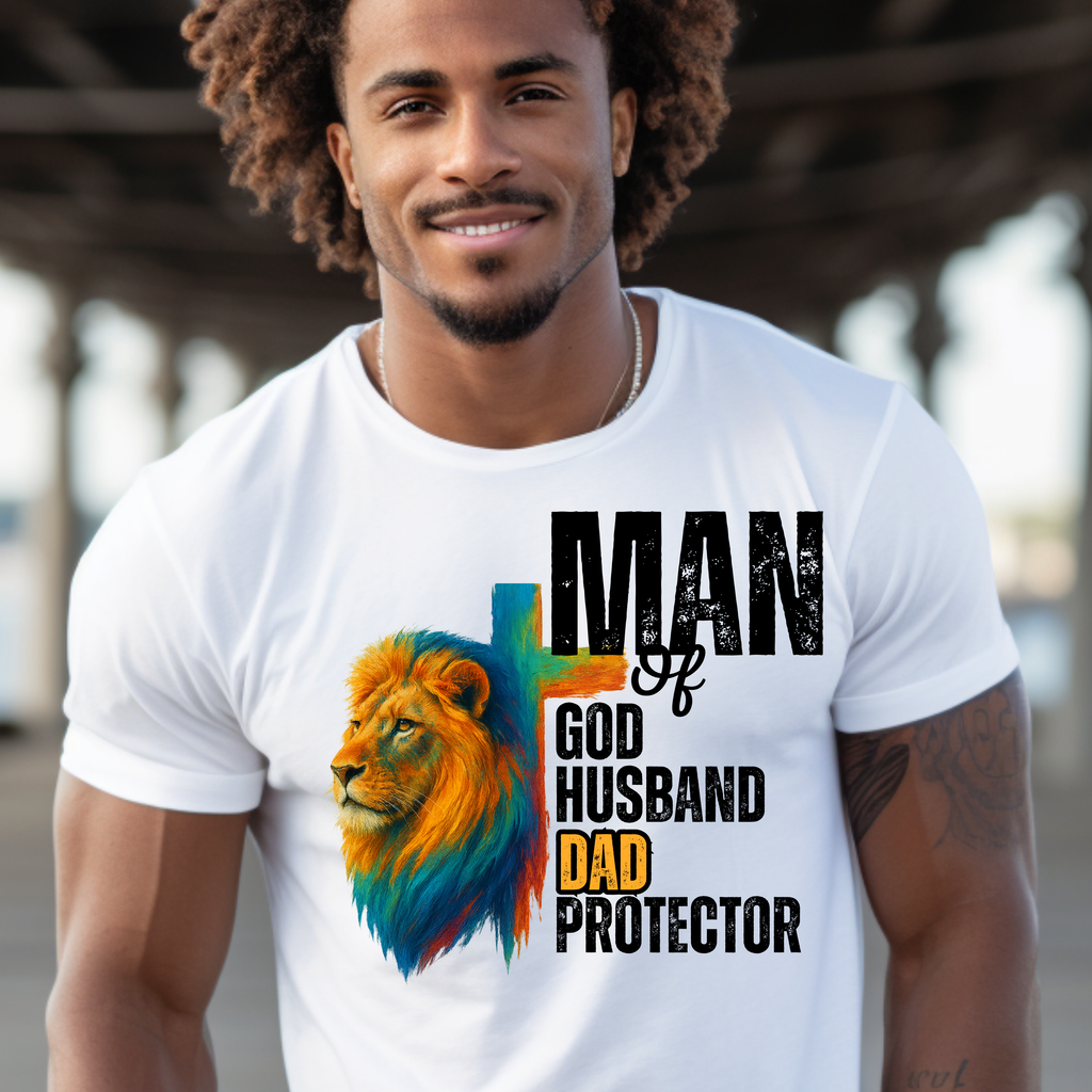 Man wearing a white t-shirt with a colorful lion graphic and text.