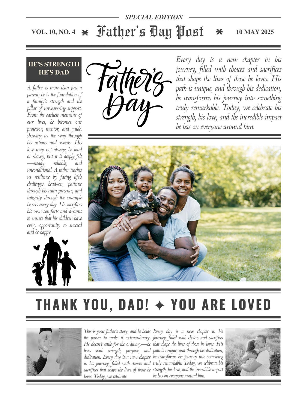 Newspaper-style design celebrating Father's Day with a family photo and text.