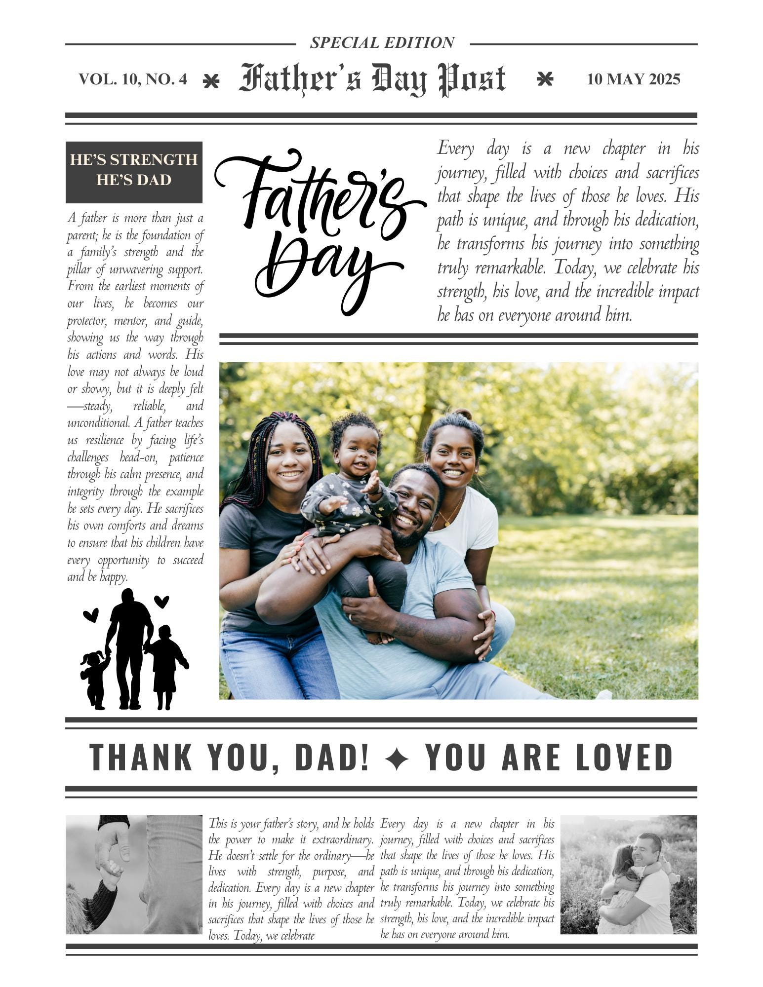 Newspaper-style design celebrating Father's Day with a family photo and text.