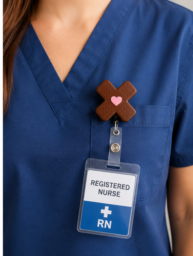 Brown 'X' shaped badge holders with heart designs on a white background and a person wearing blue scrubs with a registered nurse badge holder.