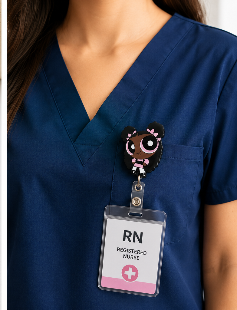 Cartoon character badge holder on a white background and worn on a person's scrub top.