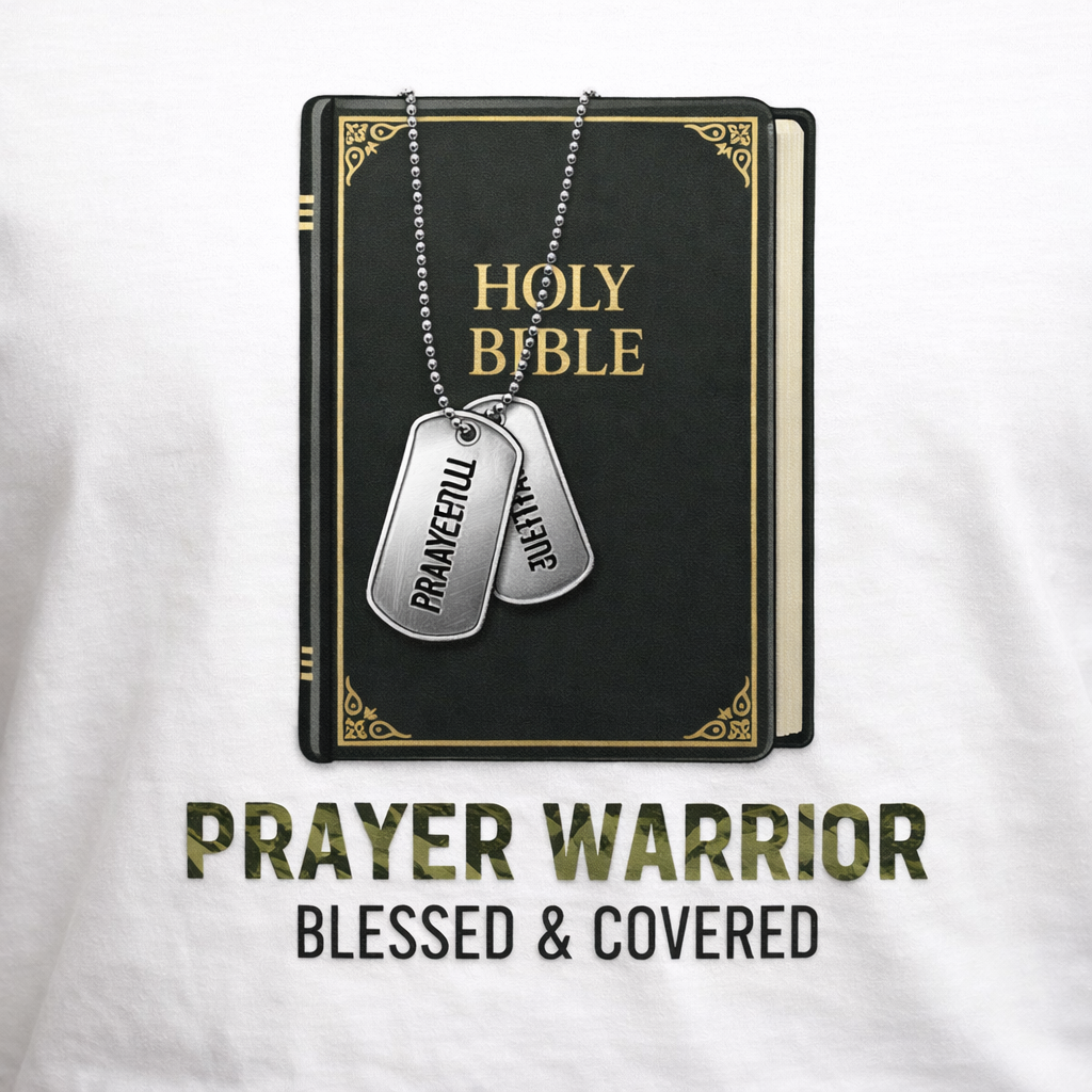 Bible with prayer warrior necklace and text on a white background