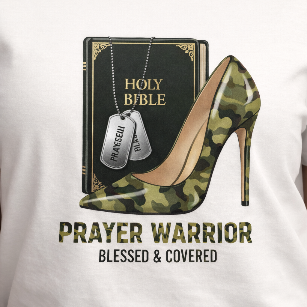 Close up of prayer warrior with heel on white shirt 