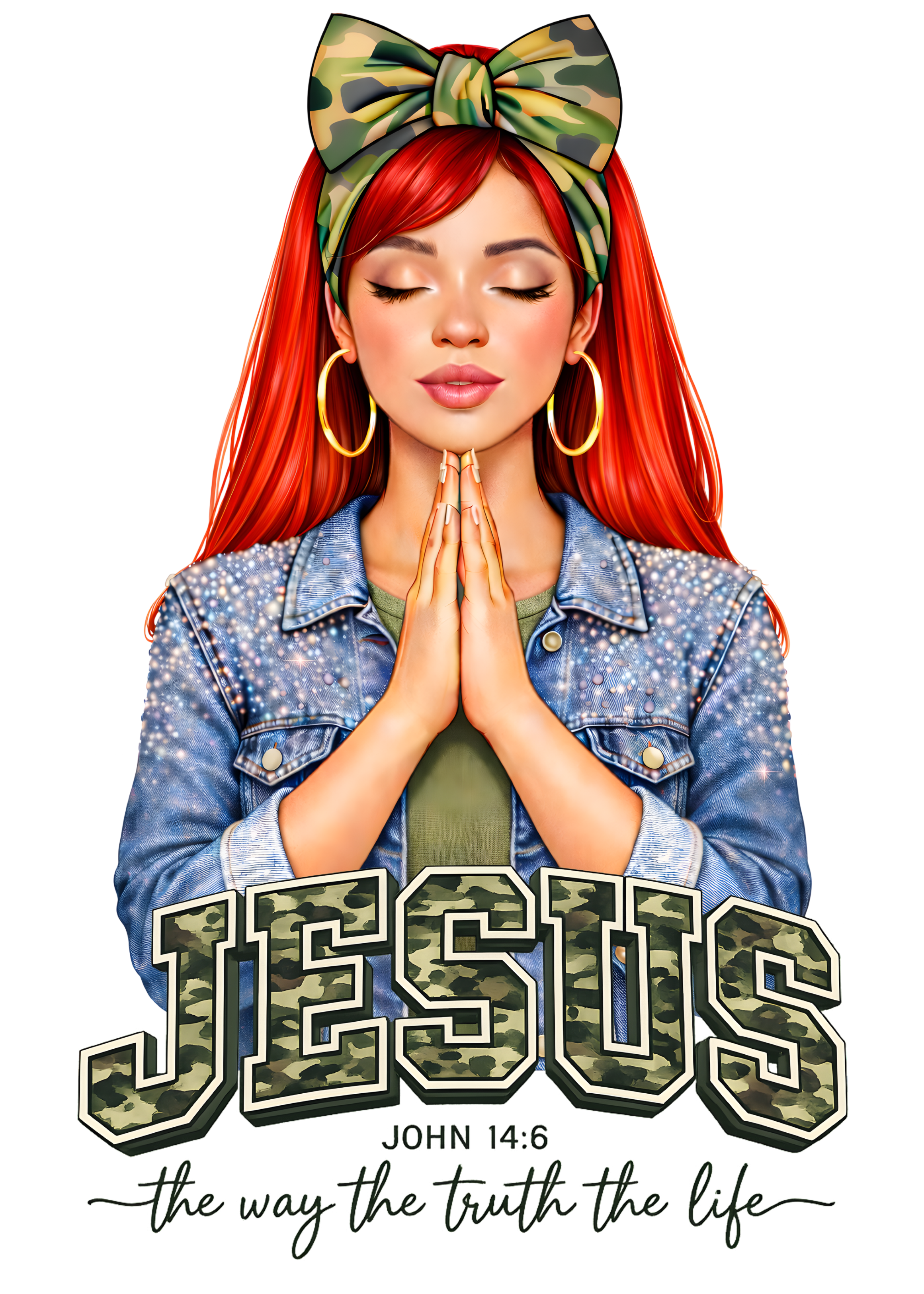Illustration of a red head woman with 'Jesus' text and John 14:6 verse on a white background