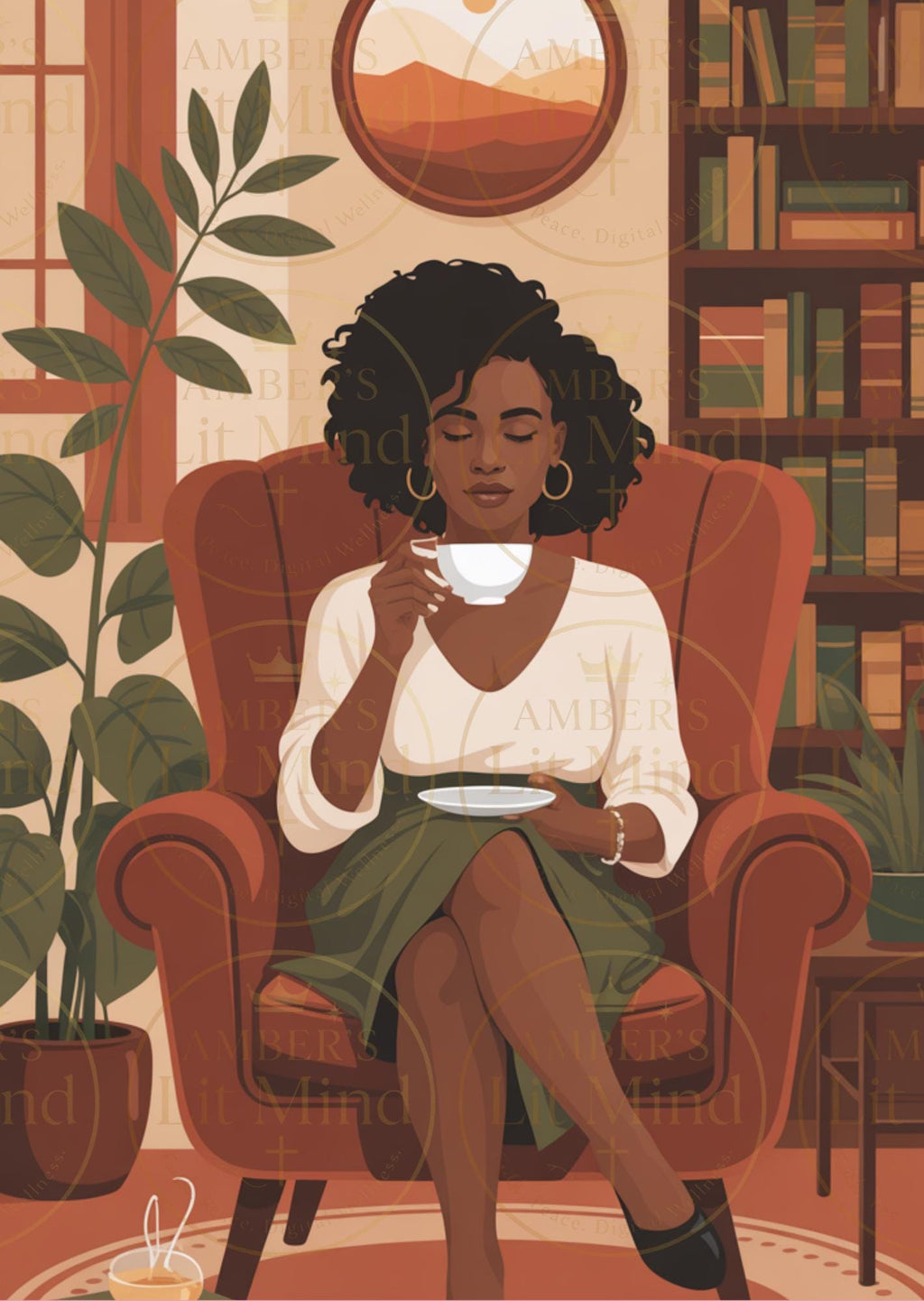 Illustration of a woman sitting in a cozy room with books and a plant, sipping coffee.