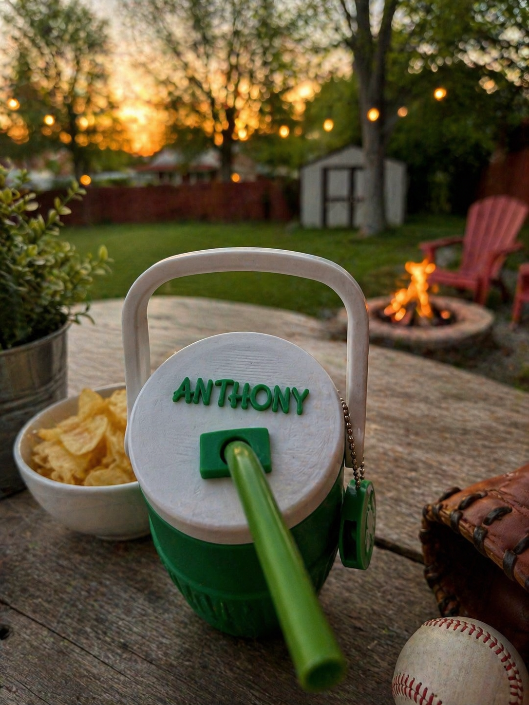 Green and white container with 'ANTHONY' on it, placed outdoors with a sunset and fire pit in the background.