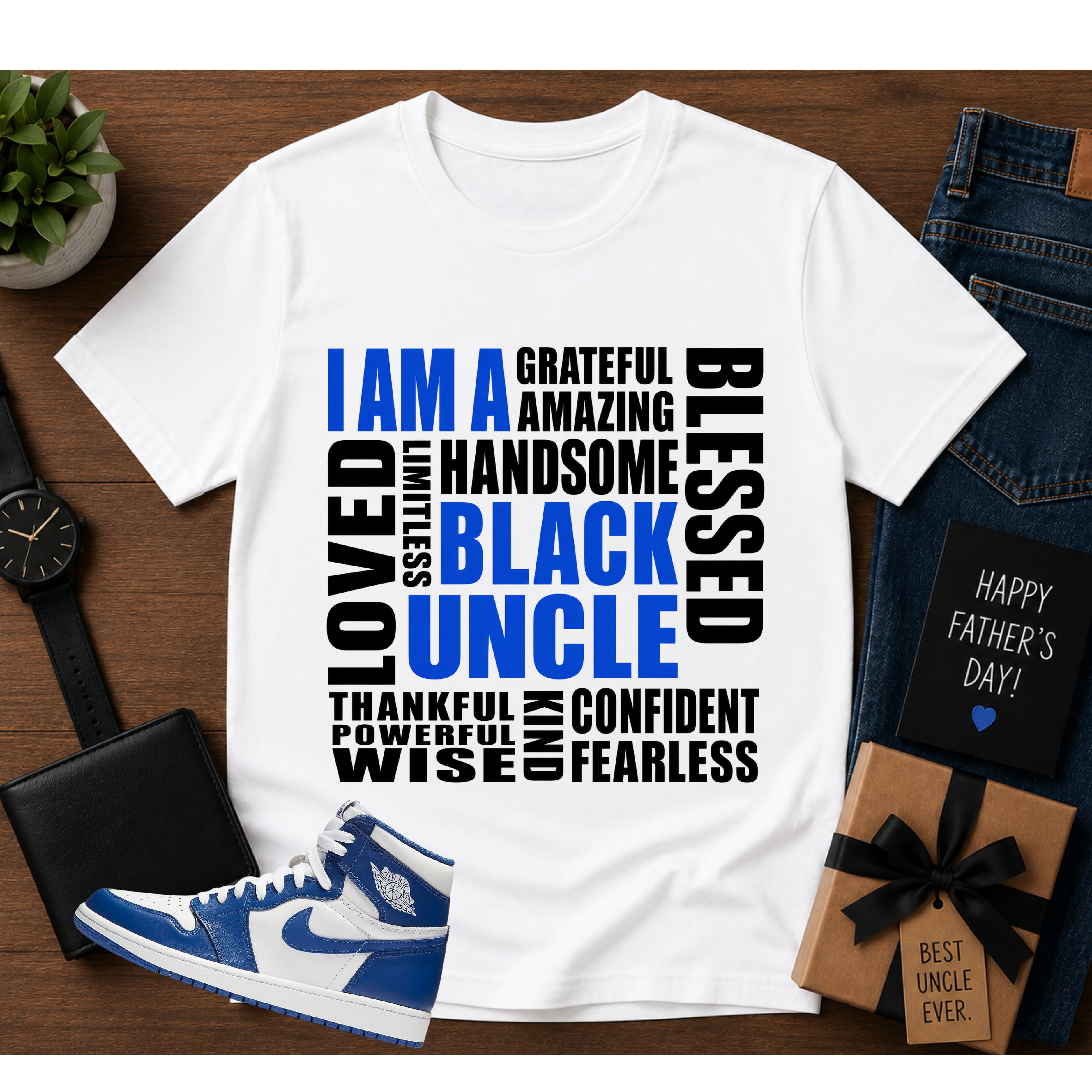 White t-shirt with motivational text, blue sneakers, gift box, and accessories on a wooden surface.