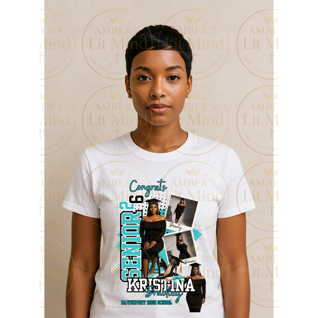 Person wearing a white t-shirt with personalized design against a patterned background