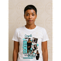 Person wearing a white t-shirt with personalized design against a patterned background