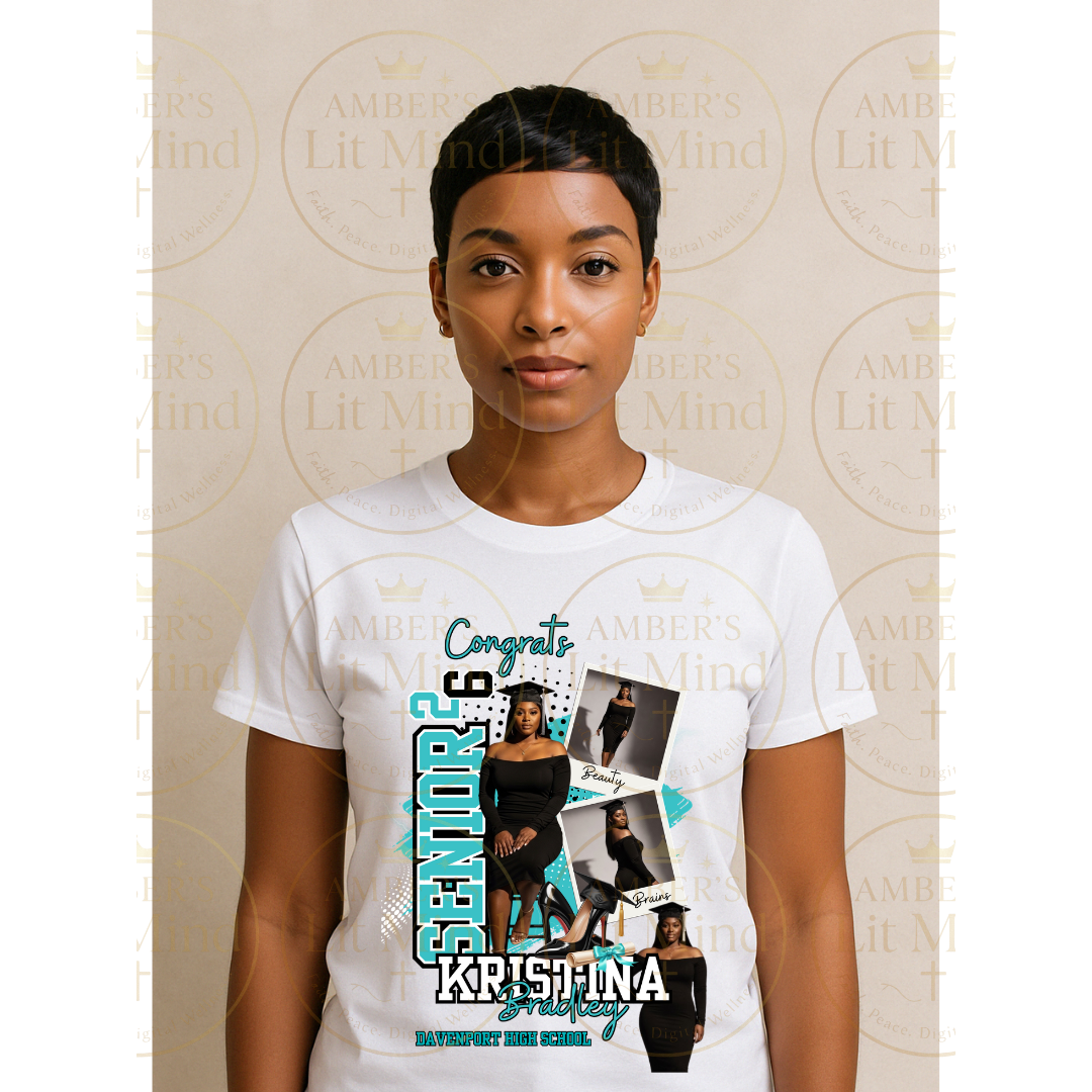 Person wearing a white t-shirt with personalized design against a patterned background