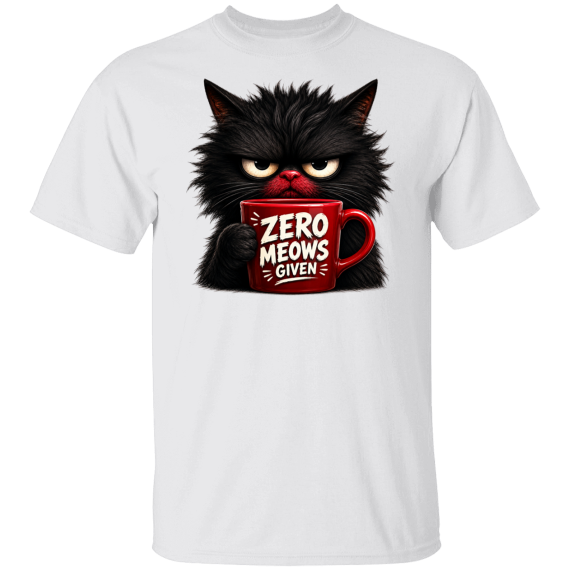 White t-shirt with a black cat holding a red mug labeled 'Zero Meows Given' on a white background