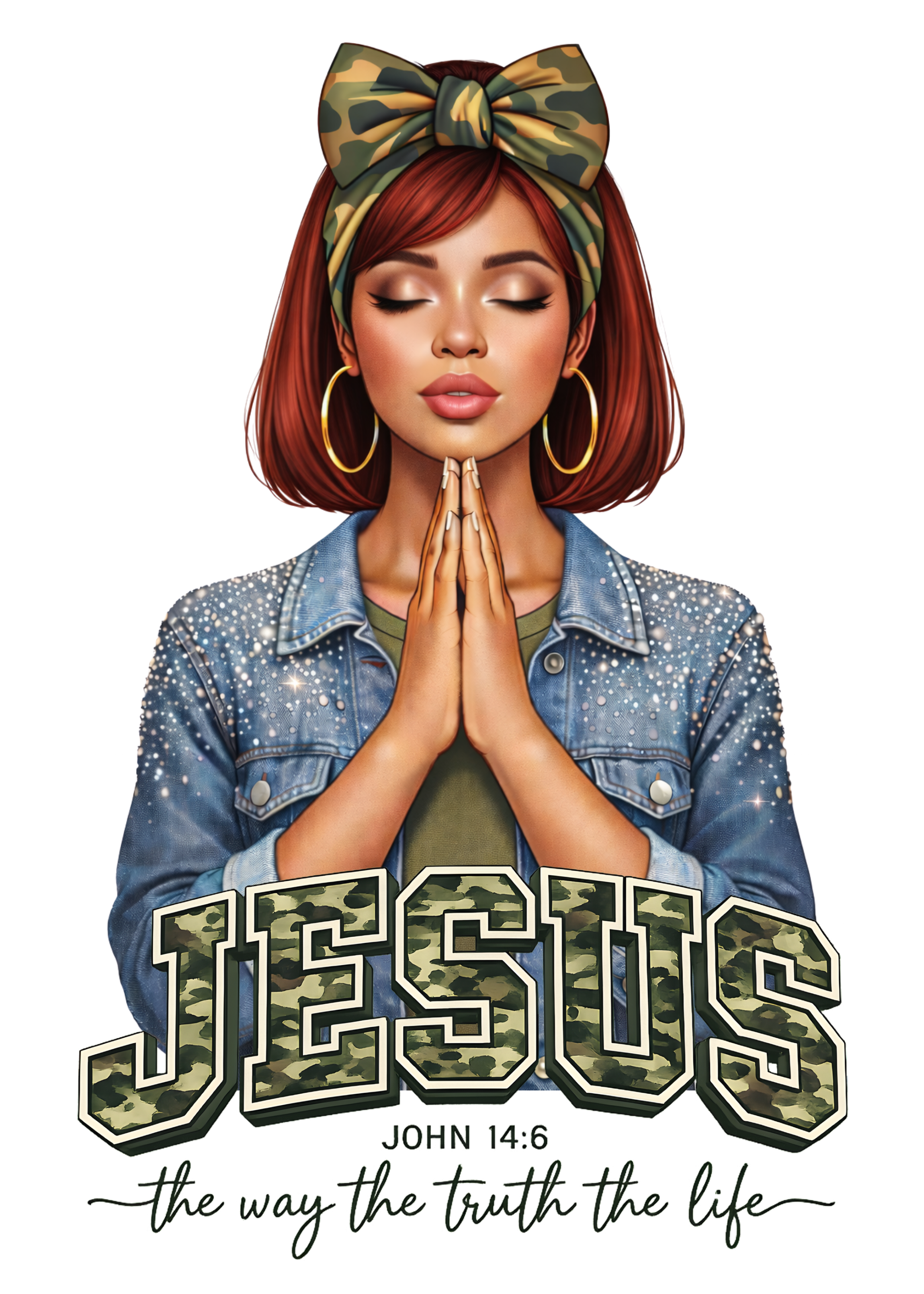 Illustration of a woman with 'Jesus' text and John 14:6 verse on a white background