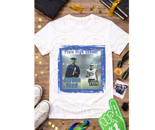 Graduation-themed t-shirt with personalized design on a wooden surface with graduation accessories.